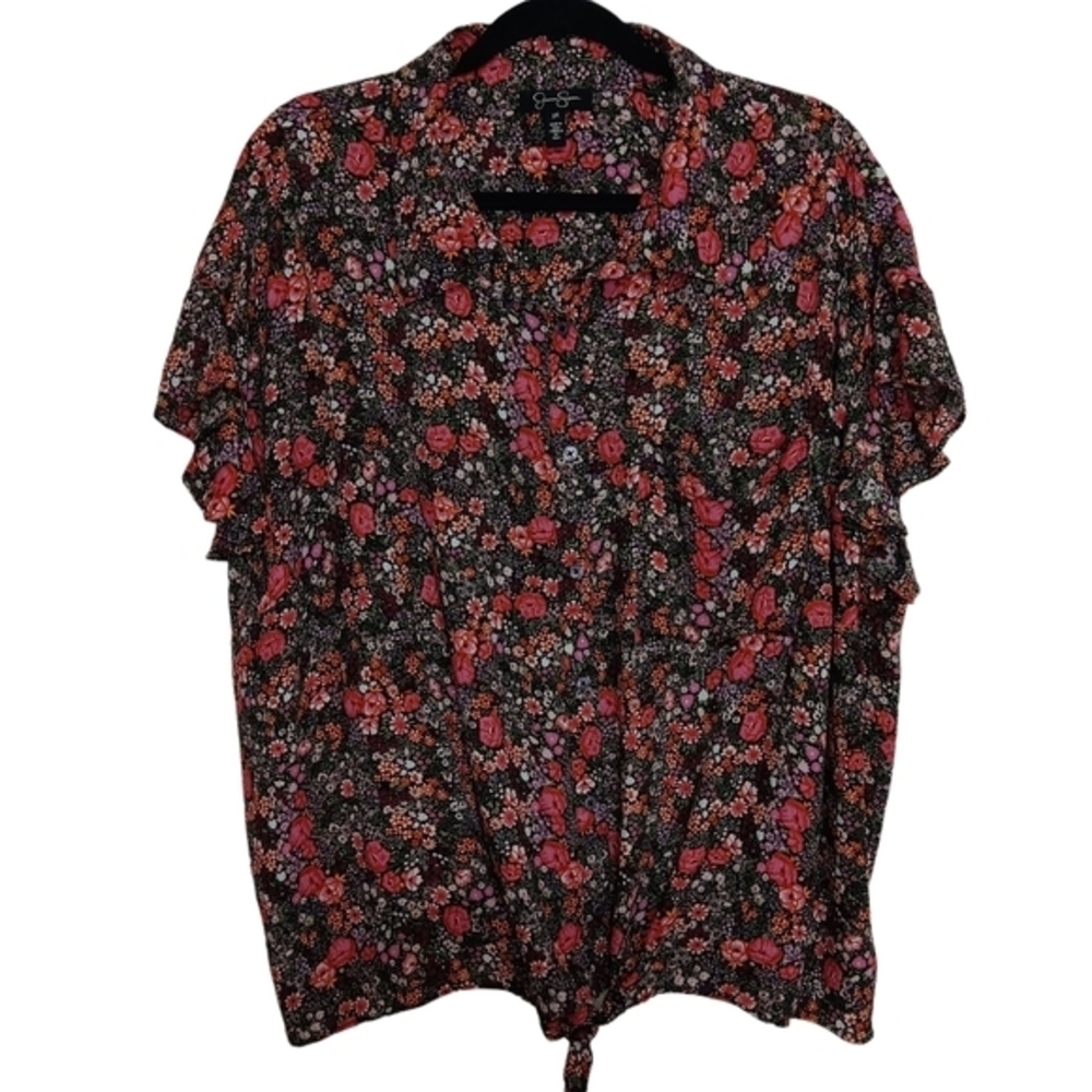 Jessica Simpson Plus Size Hippie Garden Floral Short Sleeve Tie Button Blouse 3X